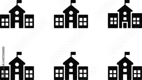 Set of six black school building icons with flag, education symbol vector illustration for school, college, university, and learning concepts.