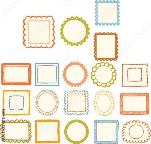 Colorful decorative frames and borders set with round, oval, and square shapes, blank templates for crafts, scrapbooks, and digital design projects