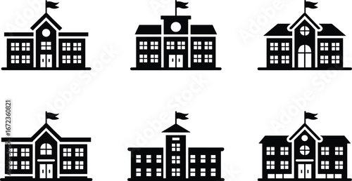 Set of six black school building icons with flags, doors, windows, and distinct architectural styles representing education, learning, college, university, and academic institution concepts.