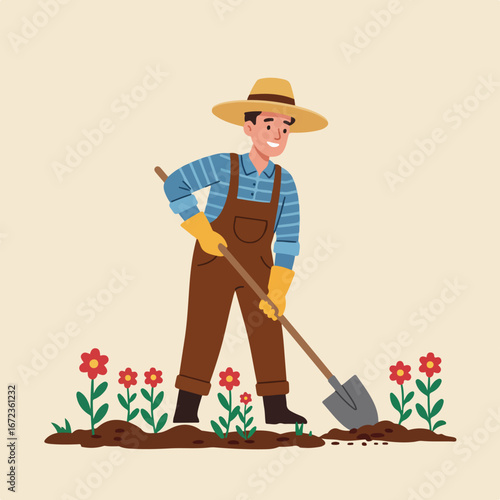 Gardener Digging Soil with Shovel for Planting Flowers in Flowerbed