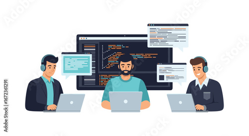 Three focused software developers are diligently collaborating on their laptops, surrounded by complex code and data visualizations, embodying modern tech teamwork.