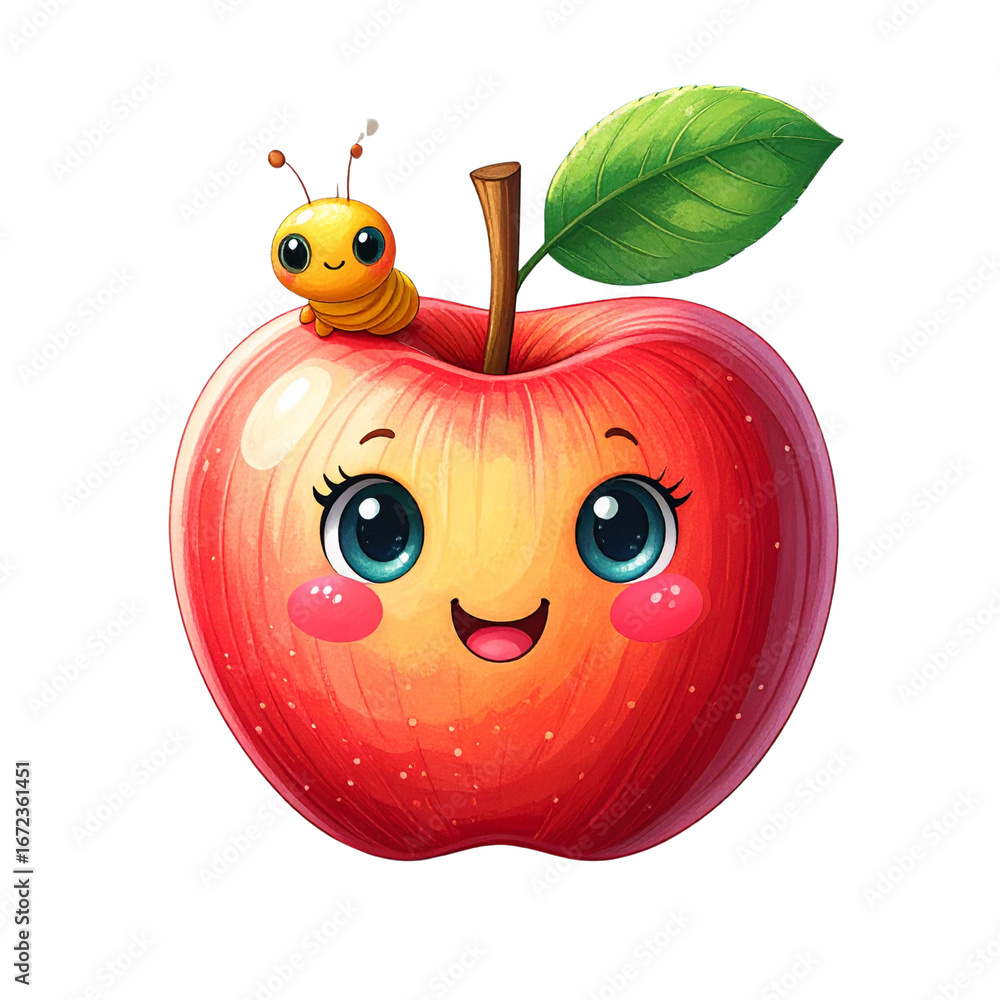 Obraz premium Kawaii Apple Character with Worm, isolated on a transparent background PNG