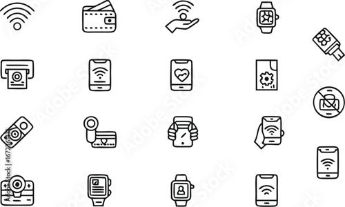 Smart payment and NFC technology icons set, mobile wallet, smartwatch transactions, digital banking, secure contactless e-commerce vector pack
