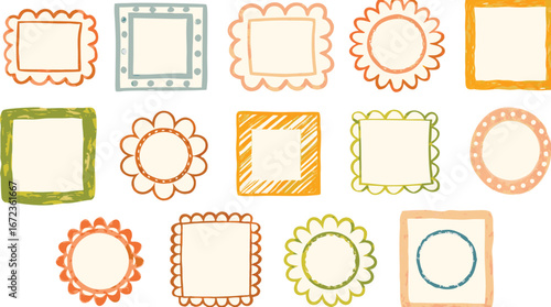 Hand drawn decorative frame border set with colorful round and square scalloped designs for scrapbooking, posters, invitations, cards, and crafts