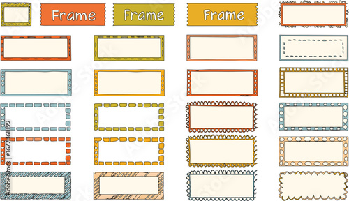 Colorful decorative rectangular frame border set with hand drawn patterns for labels, scrapbooking, posters, invitations, cards, and crafts