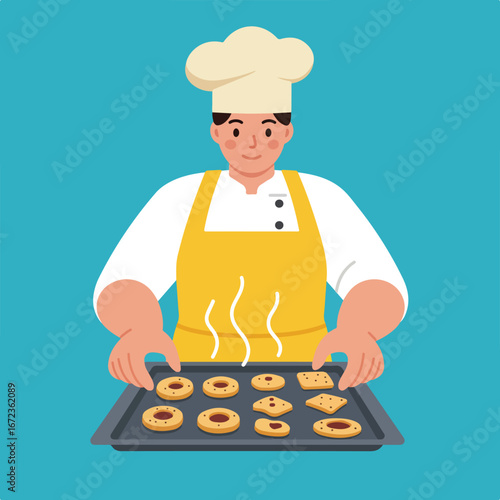 Chef Holding Tray of Cookies on Blue Background, Minimalist Style