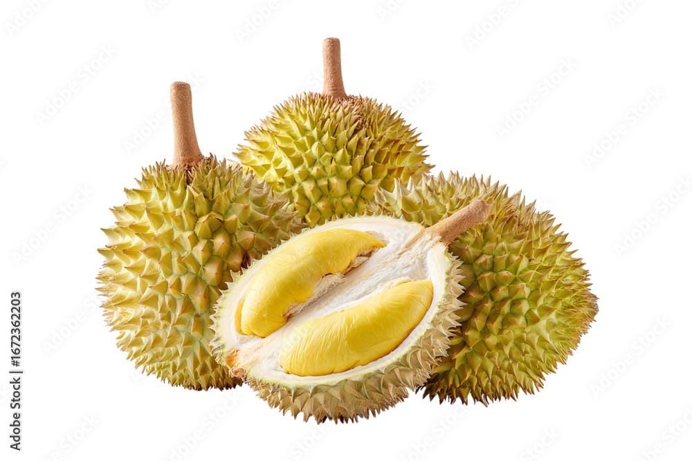 Obraz premium a realistic photograph of fresh durian, isolated on an isolated on a transparent background in PNG format.
