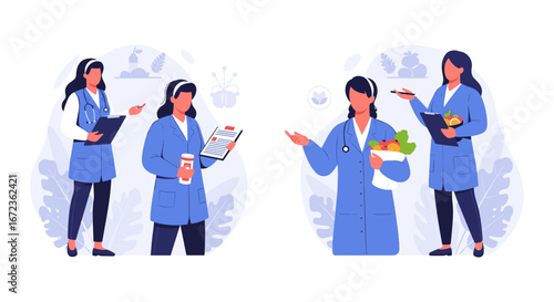 A diverse team of female healthcare professionals provides expert medical advice, consultation, and wellness guidance, emphasizing both treatment and preventative care.