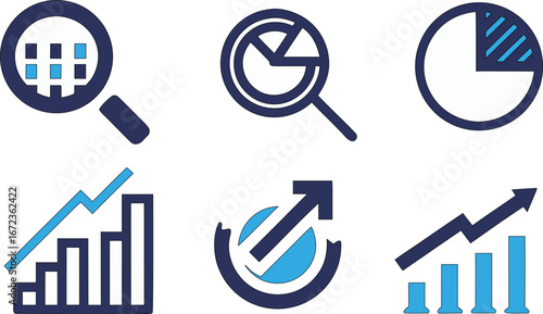 Business analysis icons – pie chart, bar graph, magnifying glass, financial growth, statistics, market research, data insights, success trends