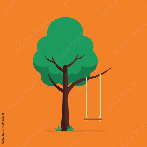 Cartoon Tree with Swing in Yard on Orange Background, Illustration