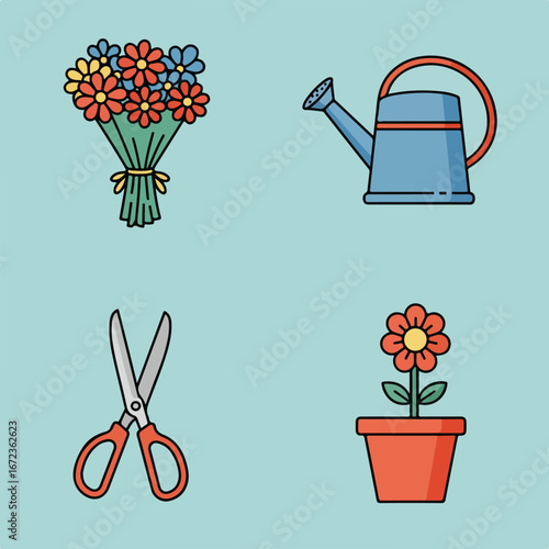 Plant care arrangement with flowers and a watering can indoors on a blue surface