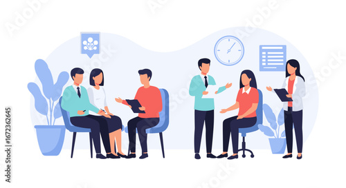 Vector illustration showing professional consultations, therapy sessions, and HR interviews, emphasizing communication, guidance, and essential support for individuals.