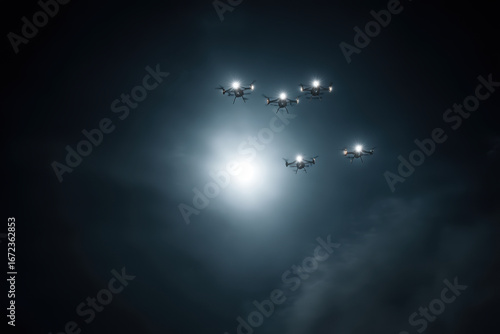 in dark night sky military drones patrol border invisibly projecting sense of dominance