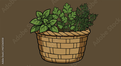 Herbs grow in Wicker Basket on solid brown backdrop, clean, simple, graphic