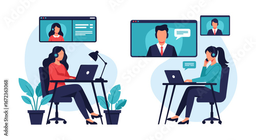 Two women efficiently conduct virtual meetings and collaborate from their home offices, utilizing modern technology for productive online communication and remote work.