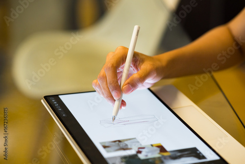 close up of the hand of a business woman holding an ipad at work
