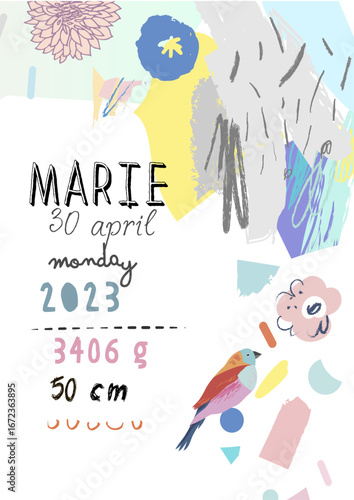 A charming birth announcement showcasing colorful floral patterns and playful elements, designed for celebrating the arrival of a baby girl named Marie in 2023.