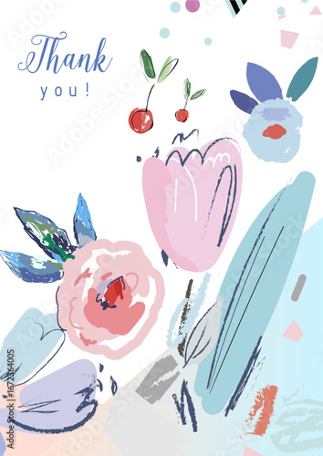 An expressive thank you card designed with blooming flowers and abstract shapes, radiating warmth and appreciation with a contemporary artistic flair.