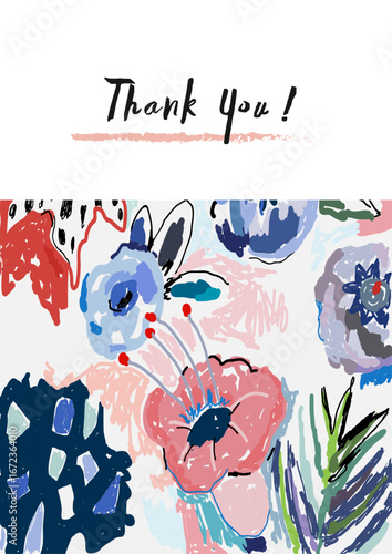 This vibrant image features a beautifully designed greeting card with a floral pattern and a heartfelt 'Thank You!' message on top, ideal for expressing gratitude.