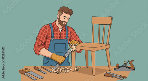Craftsman Shapes Wooden Chair in Workshop