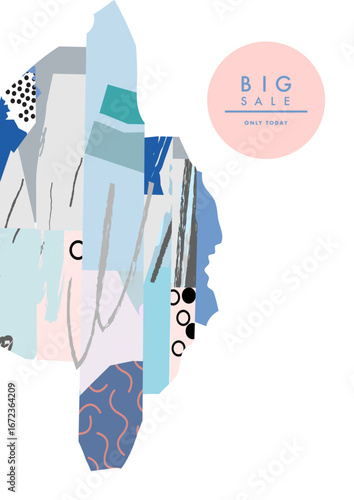 This vibrant image features an abstract collage style, showcasing various shapes and colors, presenting a bold 'Big Sale' announcement for promotional purposes.
