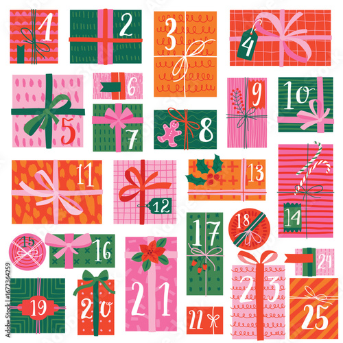 Christmas advent calendar with gifts, hand drawn style. Colourful Vector illustration.