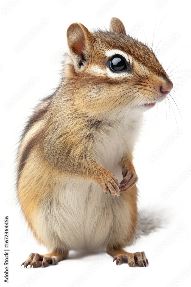 Fototapeta premium A fluffy brown rodent with a furry tail and paws sits on a white background, looking at the camera