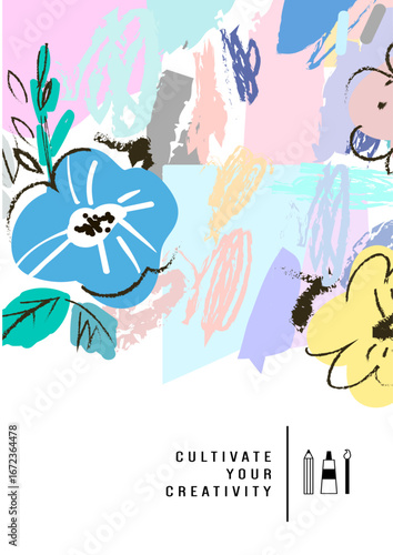 A beautiful floral collage that cultivates creativity with vibrant colors and artistic elements, ideal for inspiring art lovers and creative minds.