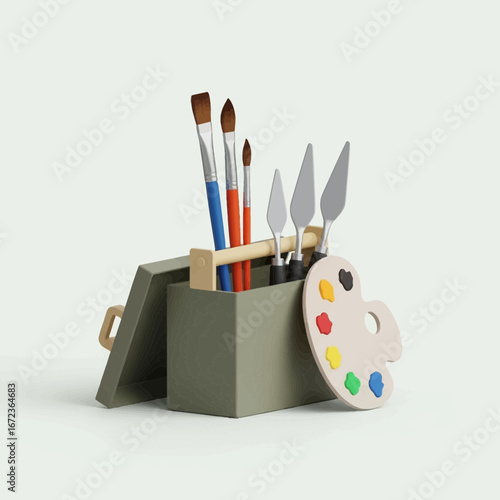 Art supplies in a container with a palette and brushes.