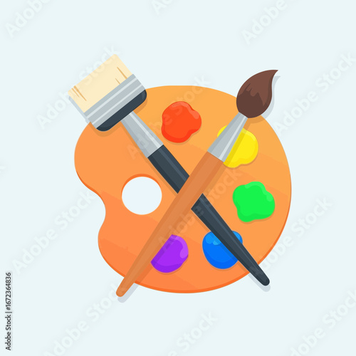 Art palette with brushes and colorful paints on a light blue background.