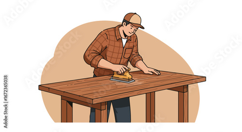 Carpenter Sanding Wooden Table Surface in Workshop