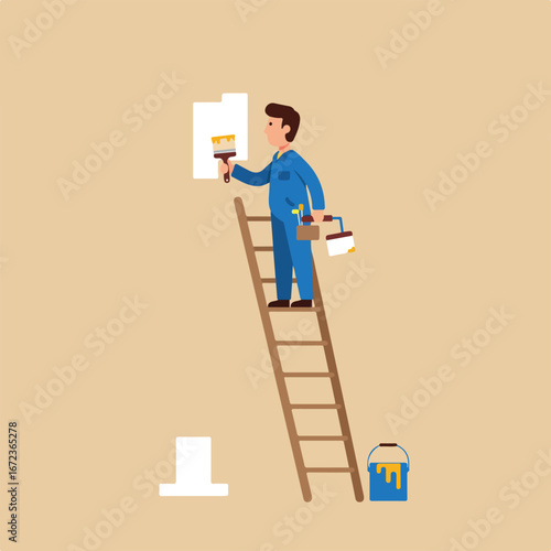 Painter is Painting a Wall on Ladder