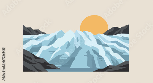 Illustrate Glacier under Sunlight in Mountainous Terrain