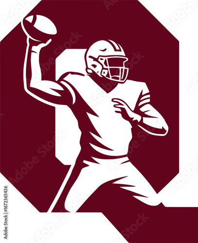Dynamic american football quarterback in action throwing a pass with team logo