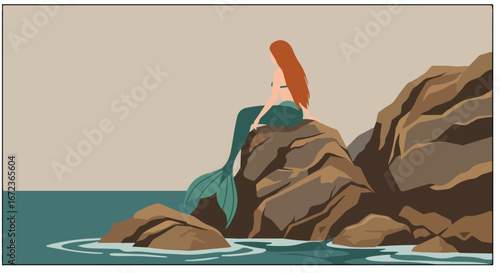 Mermaid Resting on Rocks by the Ocean