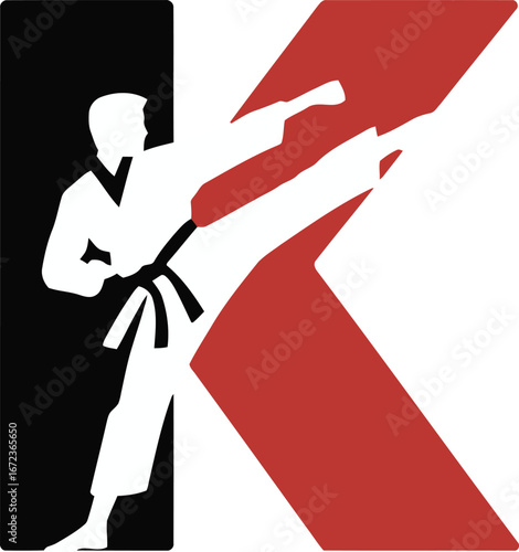 Martial arts fighter performing high kick next to bold red letter k logo symbol