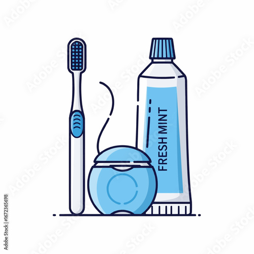 Dental Hygiene Essentials Illustration of Toothbrush, Toothpaste, and Floss