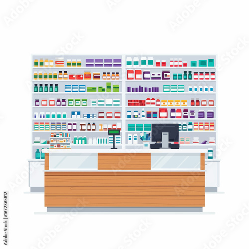 Pharmacy Counter With Displayed Medicine Shelves in a Retail Store Setting