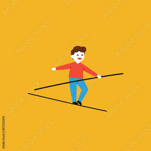 Cartoon Person Balancing on Tightrope Against Golden Background
