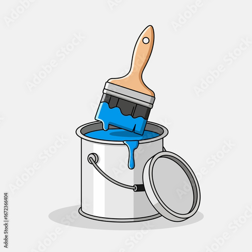 Paintbrush dipping into a can of blue paint with lid open.