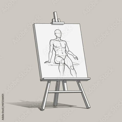Drawing of a male figure on an easel.