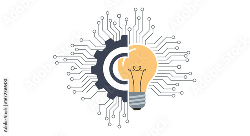This compelling digital illustration effectively symbolizes the powerful synergy between logical thinking and creative innovation within a technological framework.