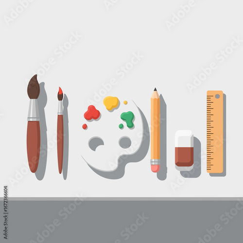 Art supplies including brushes palette pencil eraser and ruler.