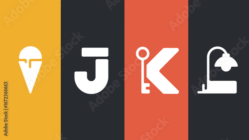 Creative alphabet characters and icons in a colorful divided panel design