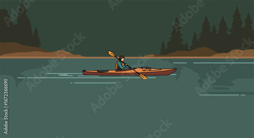 Kayaker Paddling Calm Waters of a Forest Lake