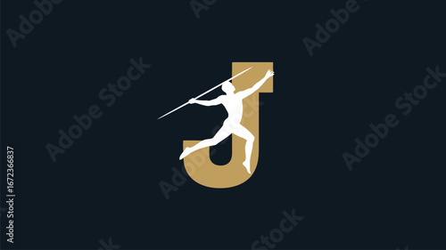 Golden letter j with athlete throwing javelin dynamic sport concept