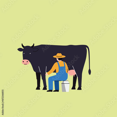 Farmer Milking Black Cow in Field. Flat Vector Illustration Style