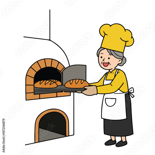 Baker Taking Fresh Baked Bread from Oven in Bakery
