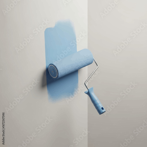 Paint roller applying light blue paint to a white wall corner.