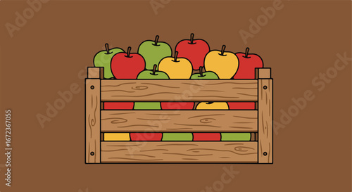 Apples inside a wooden crate container placed on a brown surface